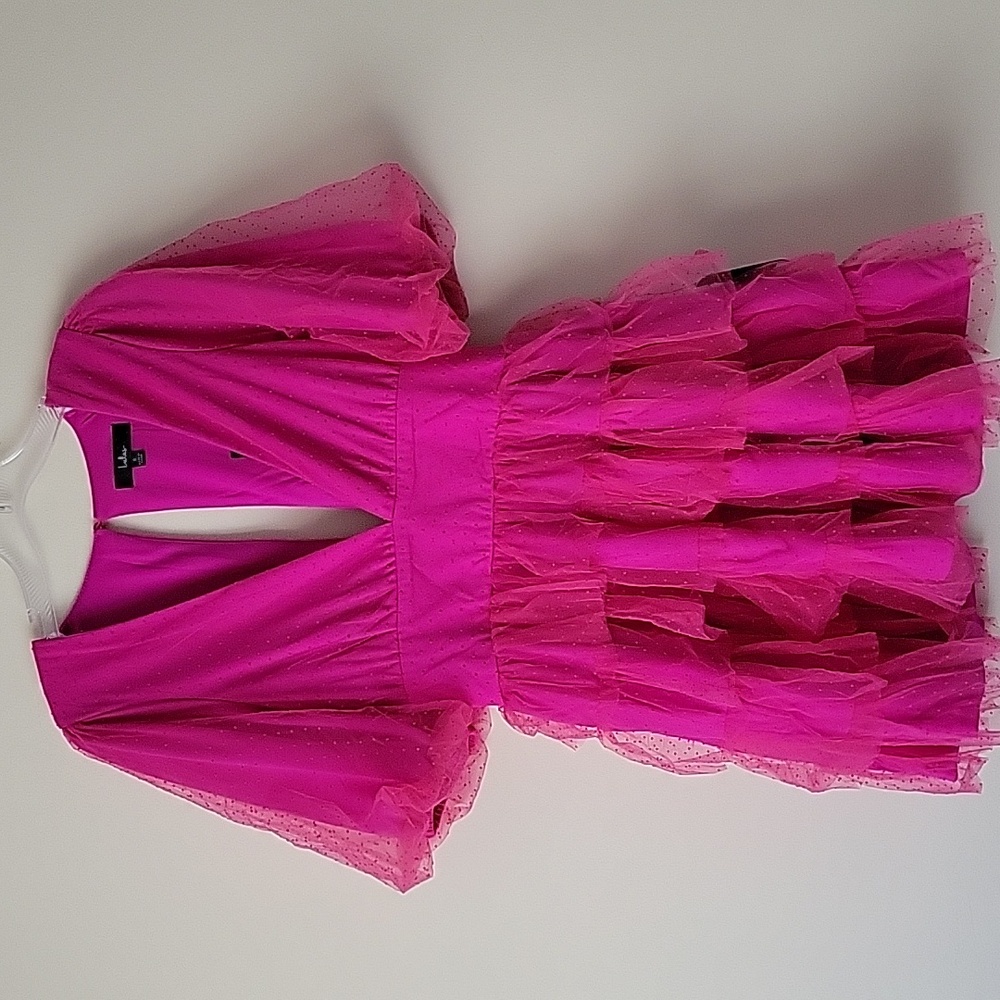 Lulus Women's Dramatic Poise Hot Pink Dot Tulle Puff Sleeve Tiered Mini …